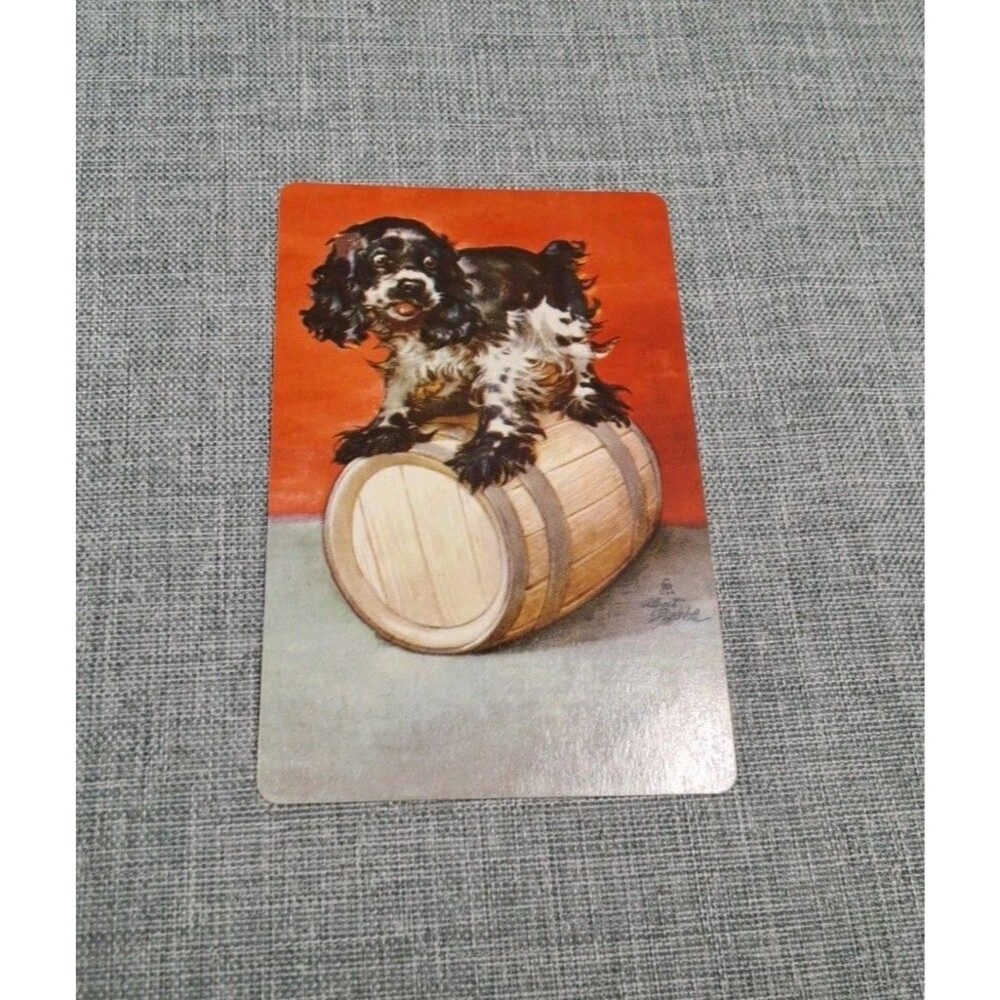 VTG A Staehle Single Swap Playing Card Butch Dog Cocker Spaniel on Barrel